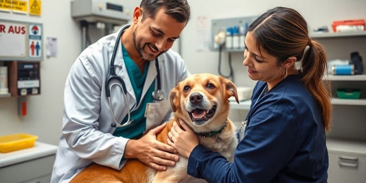 Veterinarian caring for a dog in an emergency clinic.