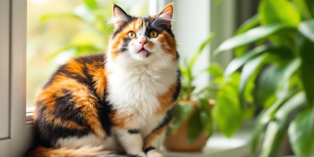 Colorful calico cat resting on a sunny windowsill.