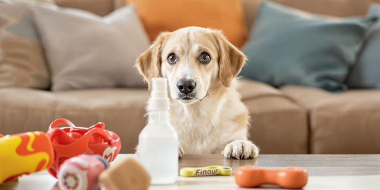 Dog and spray bottle with protected furniture in background.