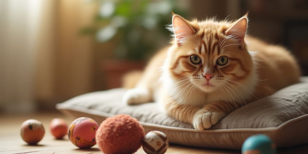 A relaxed cat on a cushion with toys.