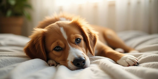 Calm pet resting on a soft blanket in cozy light.