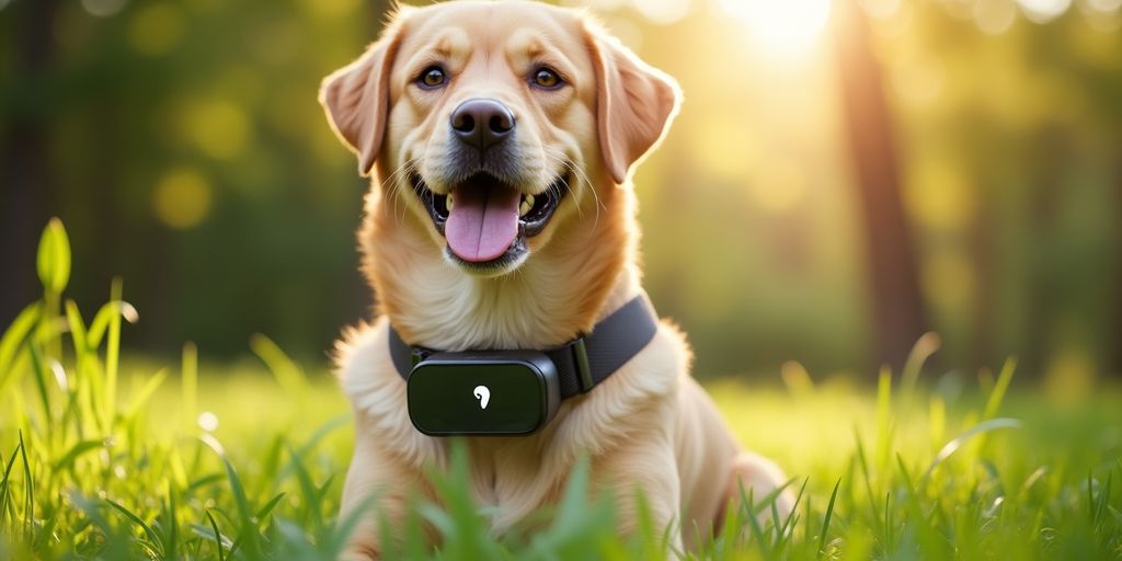 Dog with health device in a sunny green park.