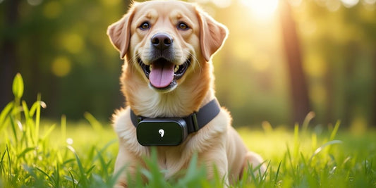 Dog with health device in a sunny green park.