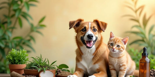 Happy dog and cat with natural wellness elements.