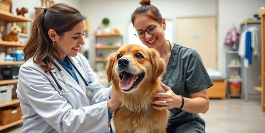 Veterinarian examining dog in a bright clinic.
