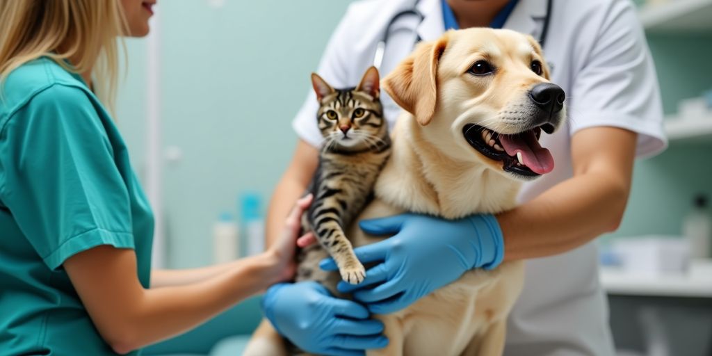 Dog and cat at a veterinary clinic with a vet.