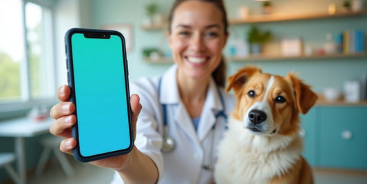 Smartphone with veterinary app and happy pet owner.