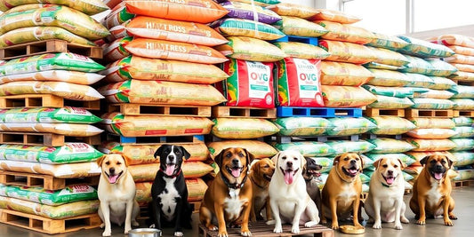 Pallets of dog food with happy dogs eating.