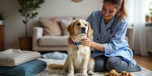 Veterinarian examining a dog in a home environment.