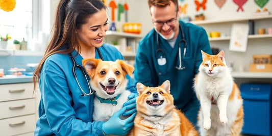 Veterinarian with dog and cat in a bright clinic.