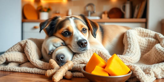 A dog resting with natural remedies in a cozy kitchen.