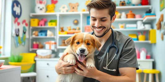Veterinarian examining a puppy in a bright clinic.