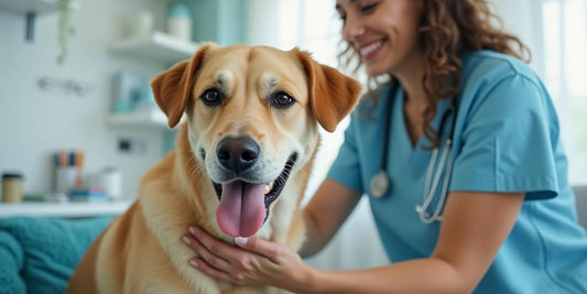 Elderly dog with veterinarian in a welcoming clinic.